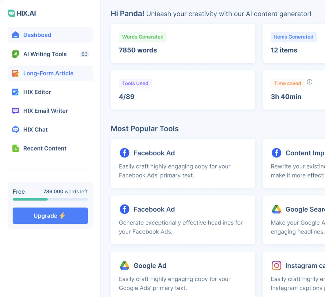 Pannello di controllo basato sul Web. Puoi facilmente vedere HIX Chat nel pannello di sinistra della dashboard HIX.AI.