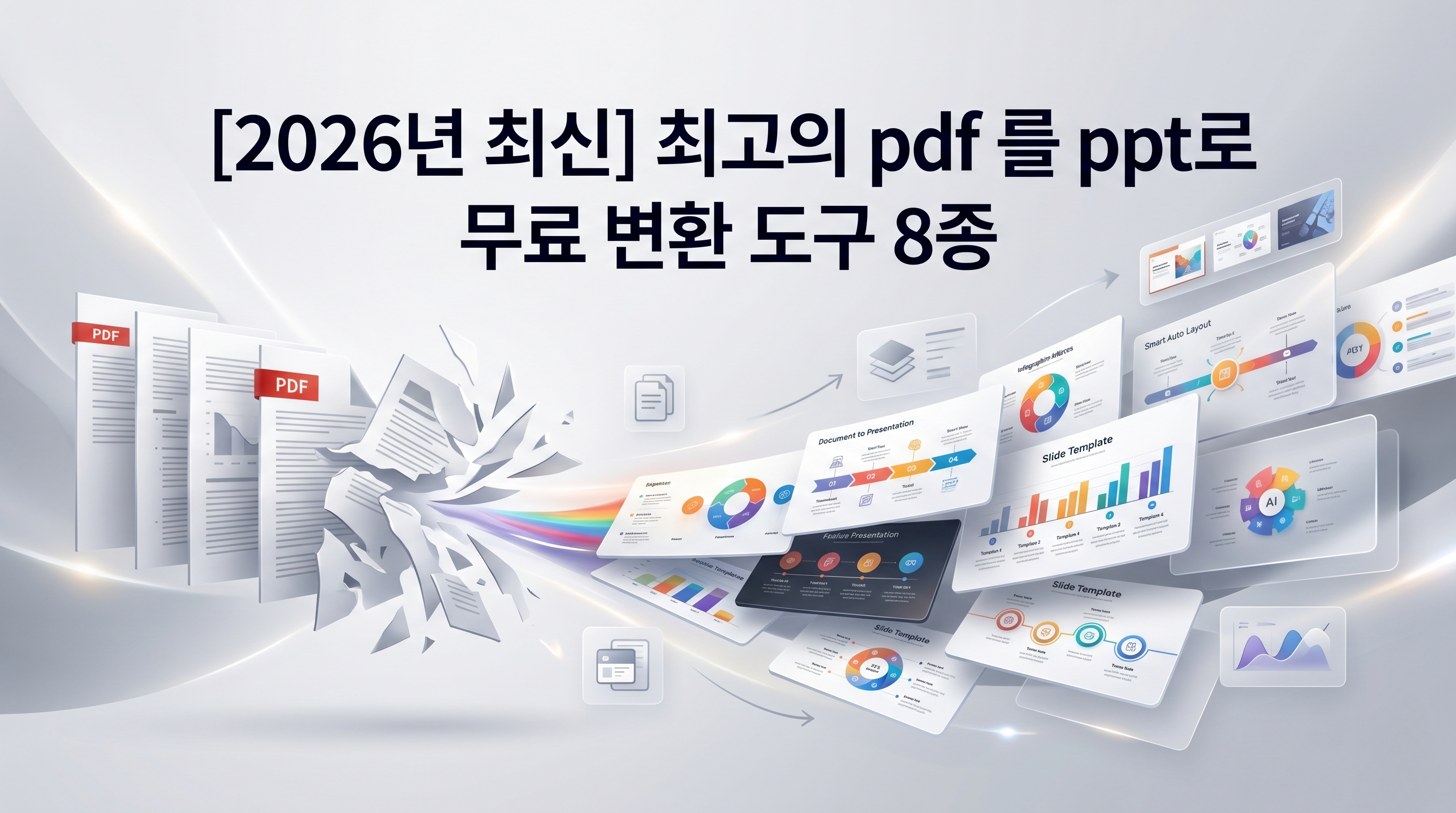 HIX.AI, Gamma 등 2026년 실무자를 위한 최고의 PDF PPT 변환 AI 도구 8종을 비교 분석하는 시각적 인포그래픽