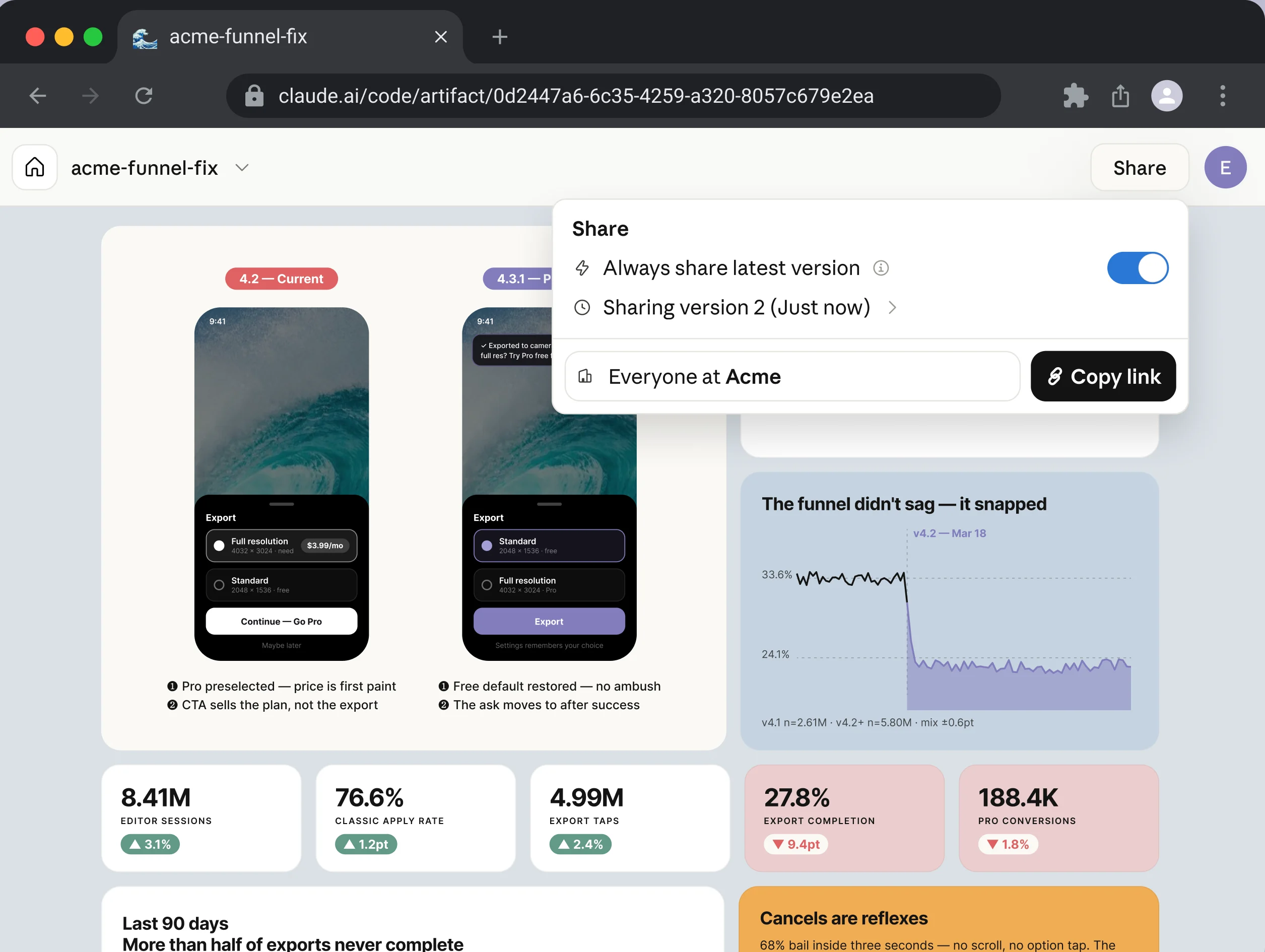 Claude의 Artifacts 기능을 활용하여 React 대시보드 UI를 실시간으로 렌더링하고 코딩하는 화면