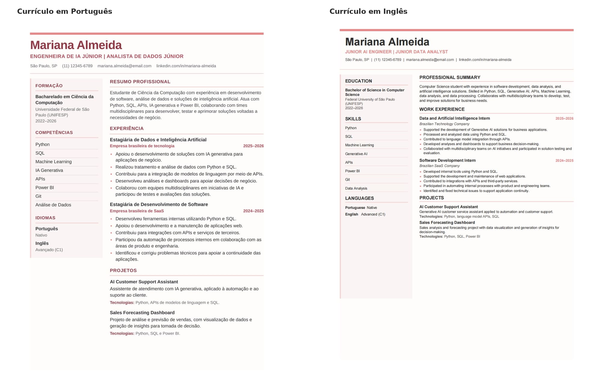Comparação entre currículo em inglês e em português