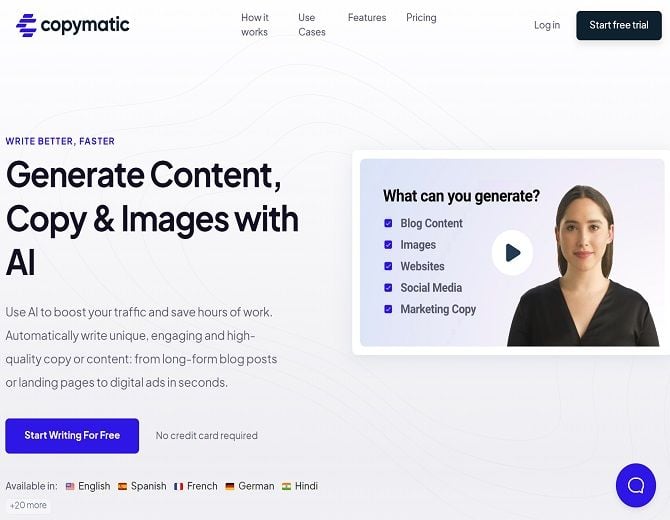Copymatic : generazione di contenuti e immagini AI versatile e relativamente economica