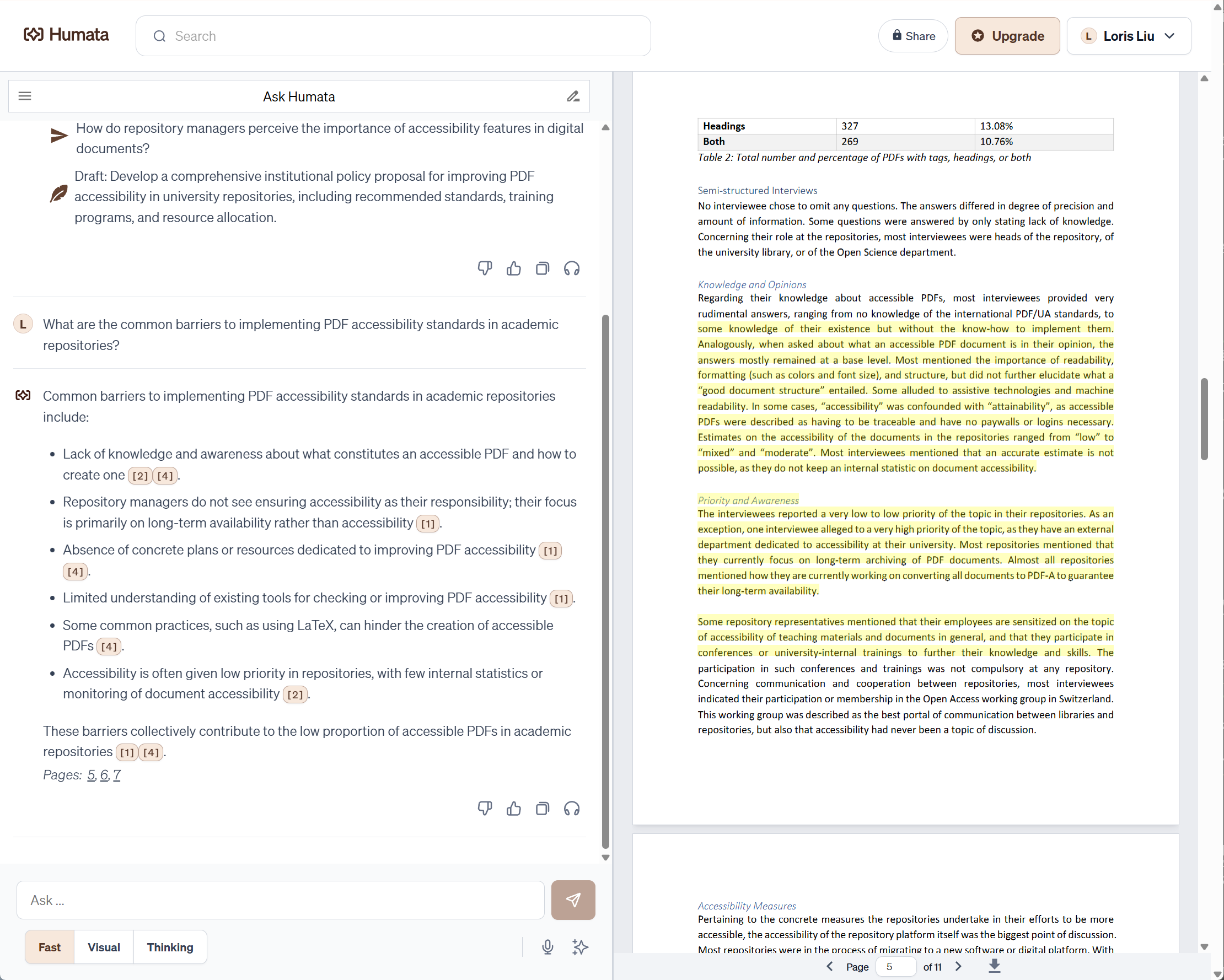 Humata AIのPDF解析画面：回答の根拠をハイライト表示するファクトチェック特化型の要約ツール