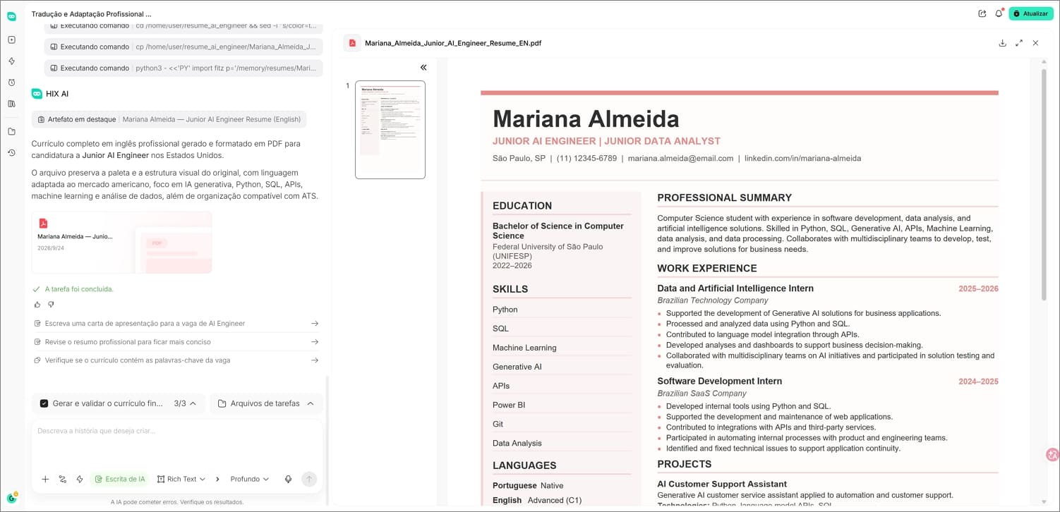 Traduzir currículo para inglês com IA