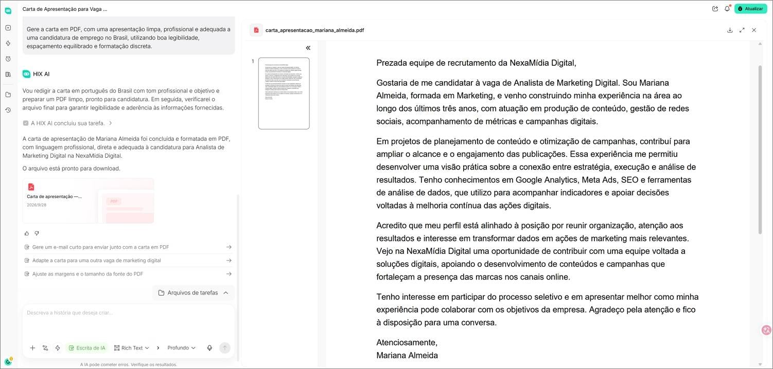 Escrever uma carta de apresentação com IA