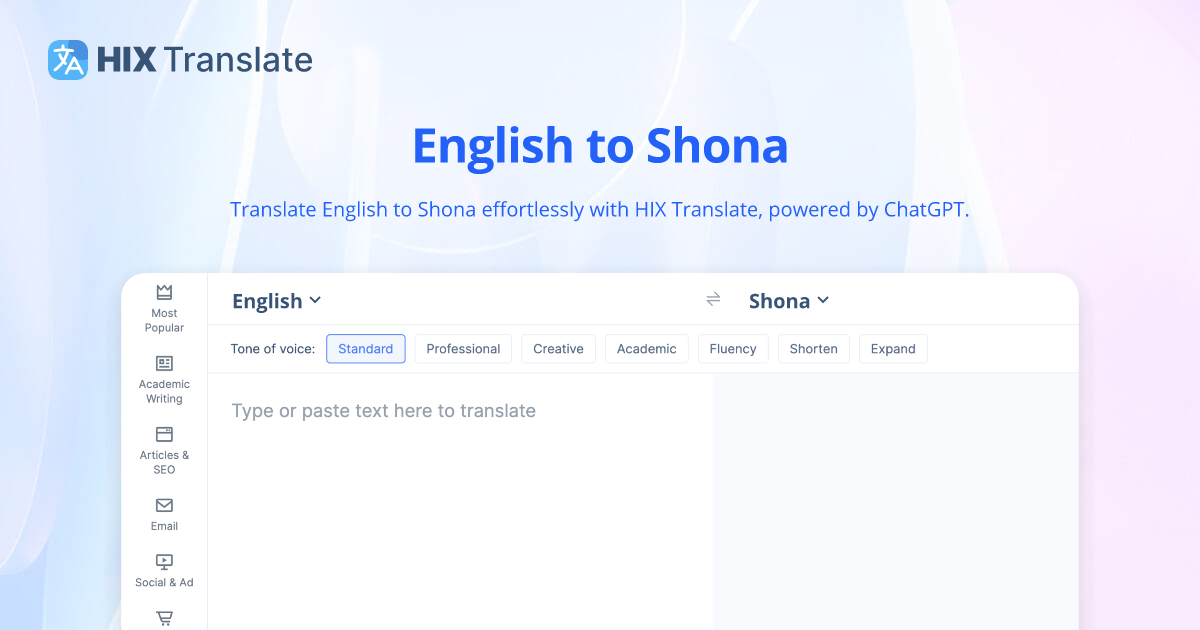 English to Shona Translation (FREE & No Signup) HIX AI