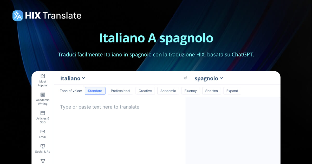 Traduttore Dallo Spagnolo All'italiano translate.hix.ai