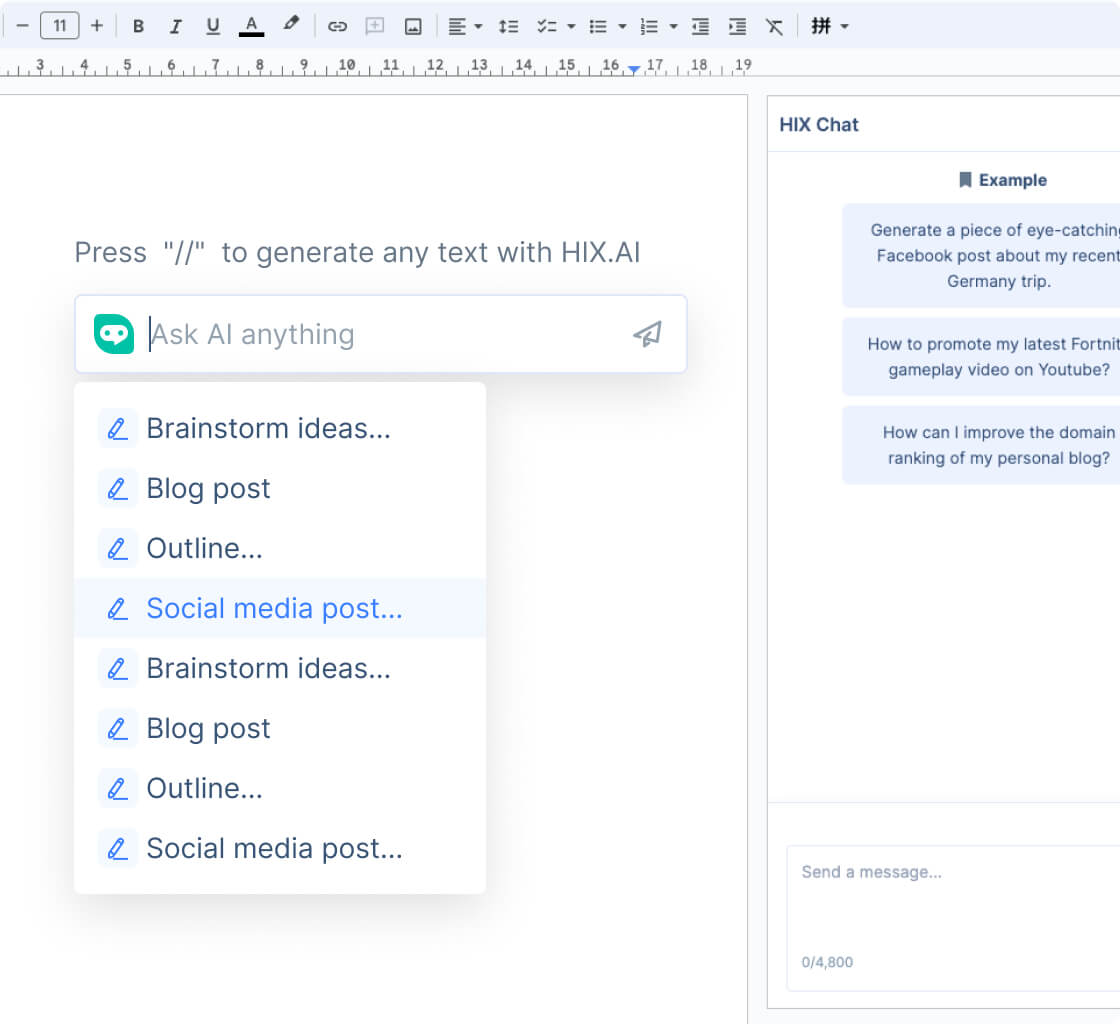 HIX Editor. Double press the / key in our Notion AI-like HIX Editor and choose to start HIX Chat to help you generate content.
